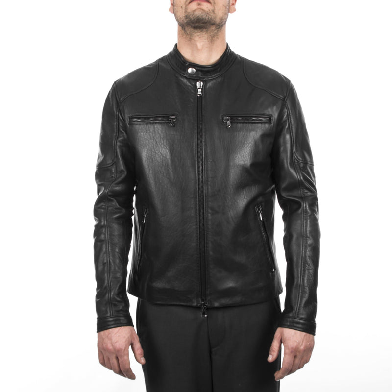 Italian handmade Men natural black leather biker jacket slim fit