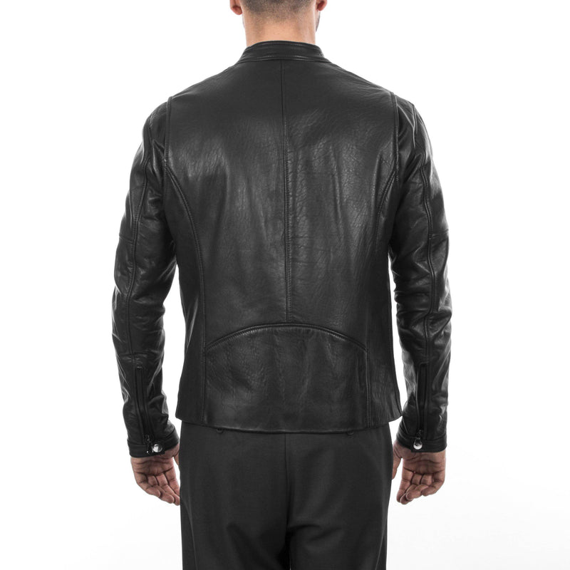 Italian handmade Men natural black leather biker jacket slim fit