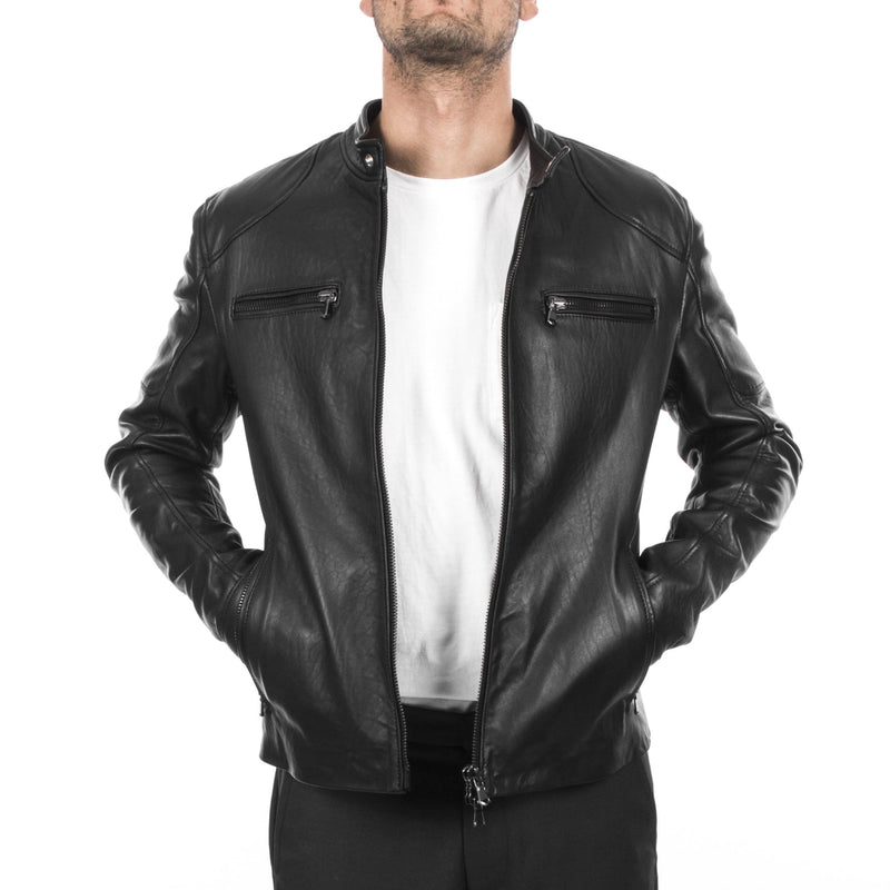 Italian handmade Men natural black leather biker jacket slim fit