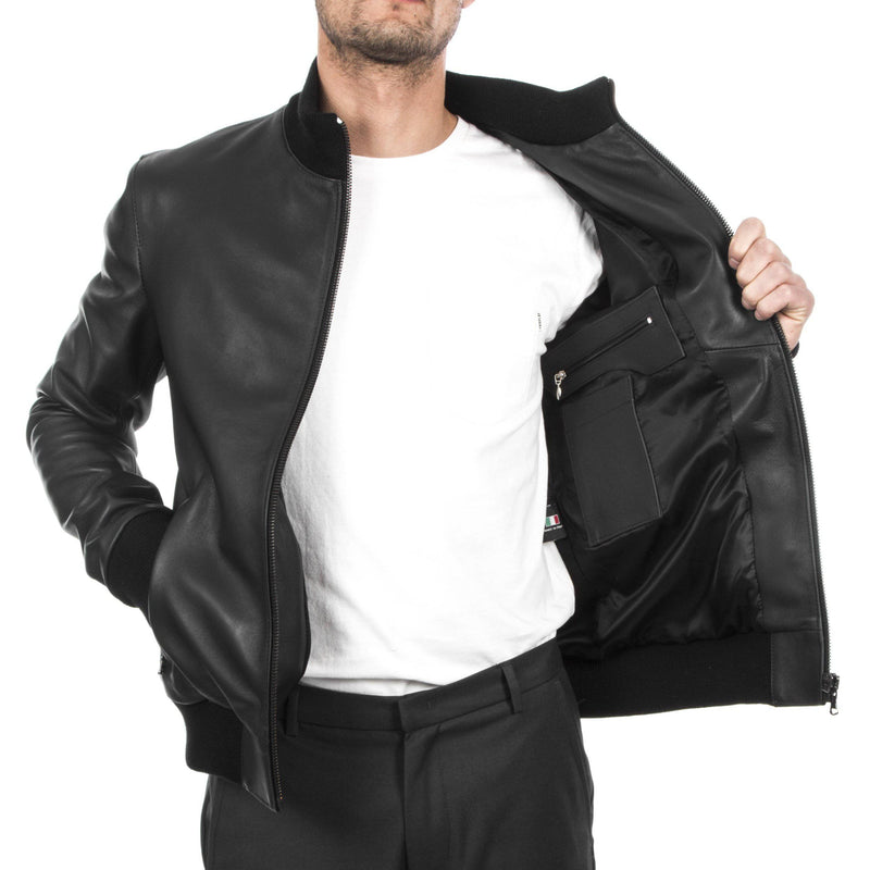 Italian handmade Fantastic slim fit Men soft genuine lambskin Bomber leather jacket color Back S to 2XL