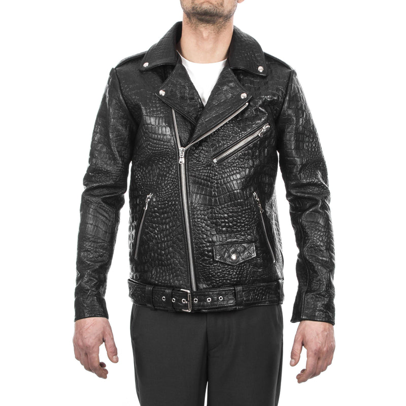 Italian handmade Men black Crocodile leather biker jacket slim fit XXS to 3XL