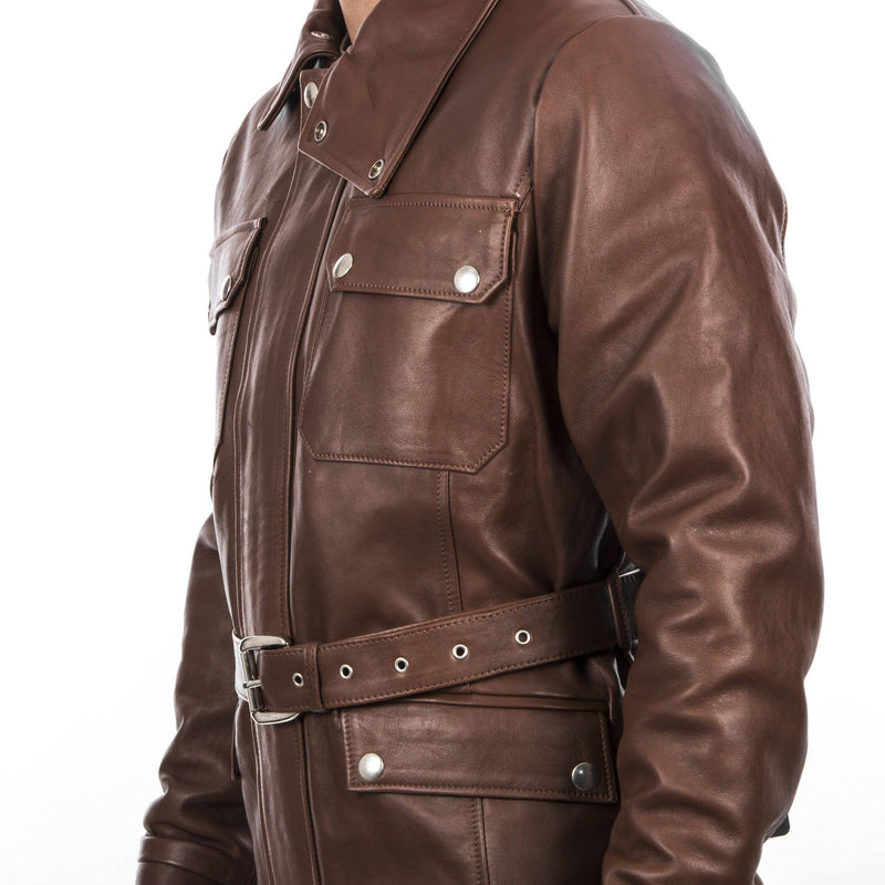 Italian handmade Men lambskin genuine leather jacket belted brown XS to 2XL