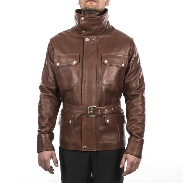 Italian handmade Men lambskin genuine leather jacket belted brown XS to 2XL