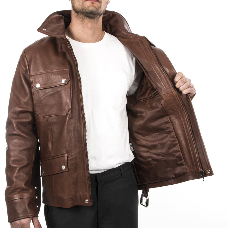 Italian handmade Men lambskin genuine leather jacket belted brown XS to 2XL