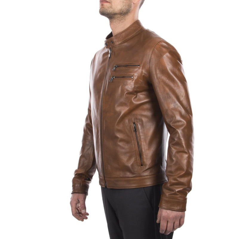 Italian handmade Fantastic slim fit Men soft genuine lambskin leather jacket color tan brown distressed S to 2XL