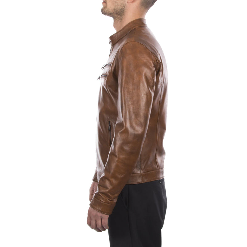 Italian handmade Fantastic slim fit Men soft genuine lambskin leather jacket color tan brown distressed S to 2XL