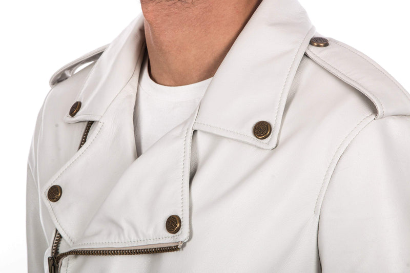 Italian handmade Men genuine lambskin leather biker jacket slim fit color ivory  brass hardware S to 2XL