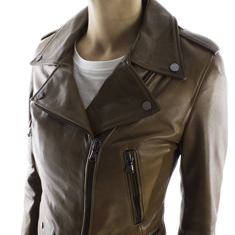 Italian handmade Women genuine leather biker jacket slim fit color brown distressed