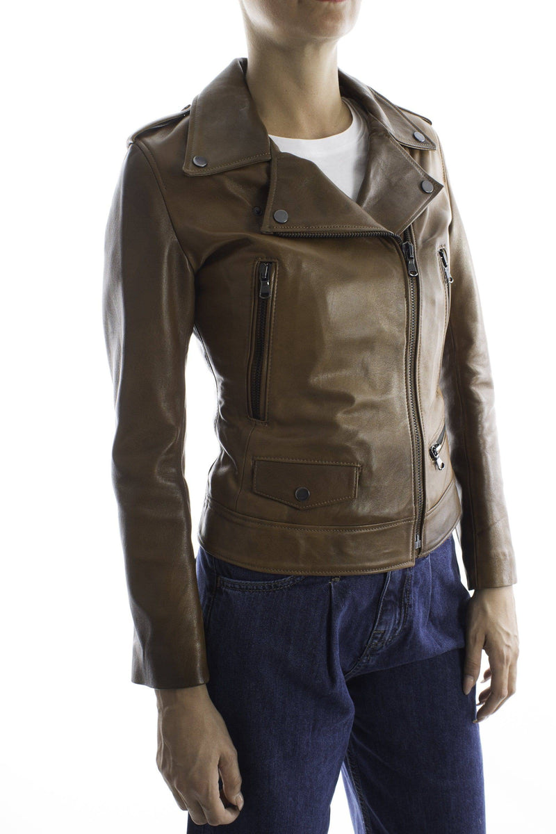 Italian handmade Women genuine leather biker jacket slim fit color brown distressed