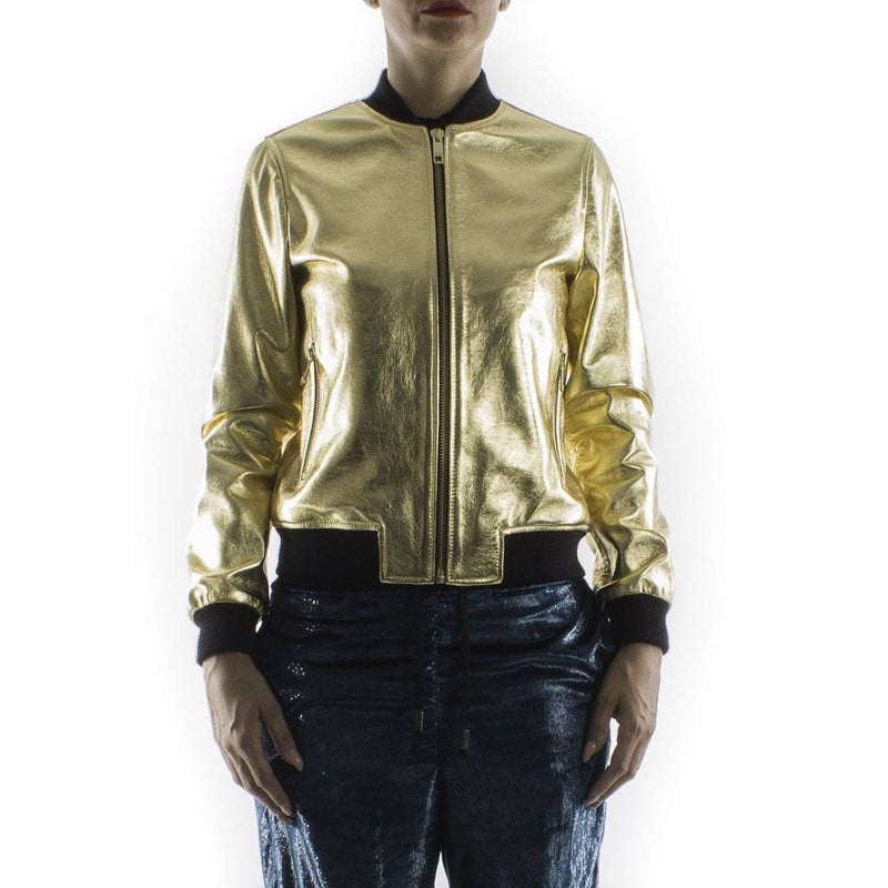 Italian handmade Women genuine lambskin leather bomber jacket METALLIC GOLD