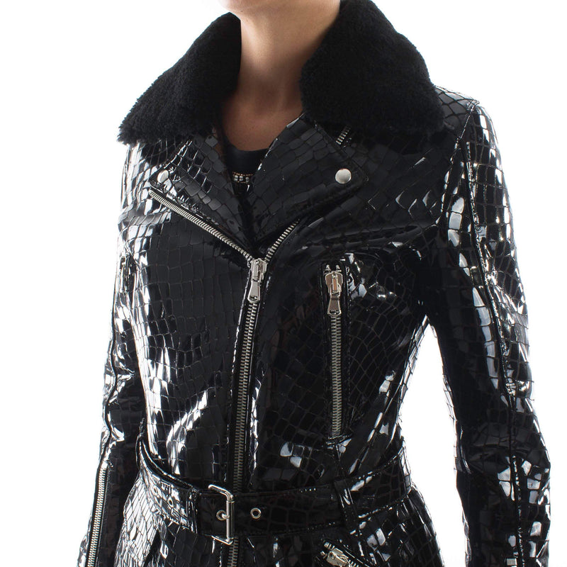 Italian handmade Women genuine leather long biker jacket slim fit shiny patent black crocodile print shearling collar