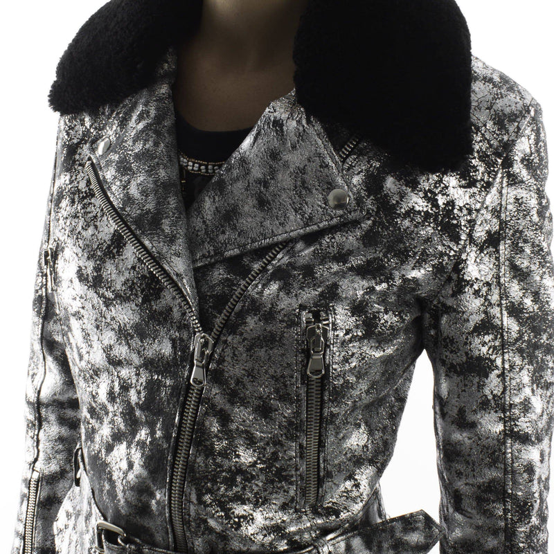 Italian handmade Women genuine leather long biker jacket slim fit metallic silver antiqued black shearling collar