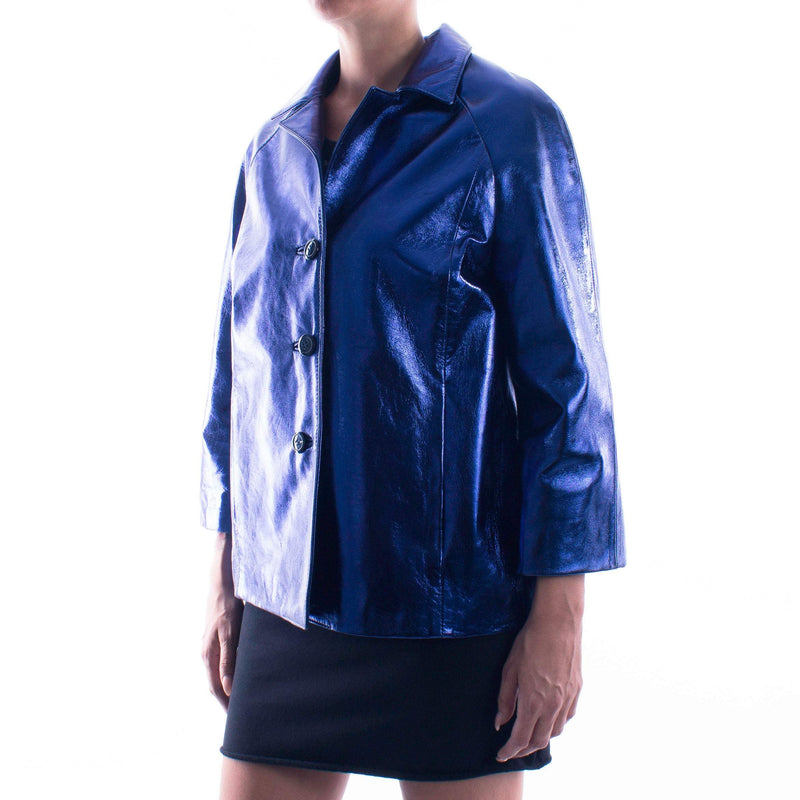 Italian handmade Women genuine lambskin leather jacket color Metallic Blue size M