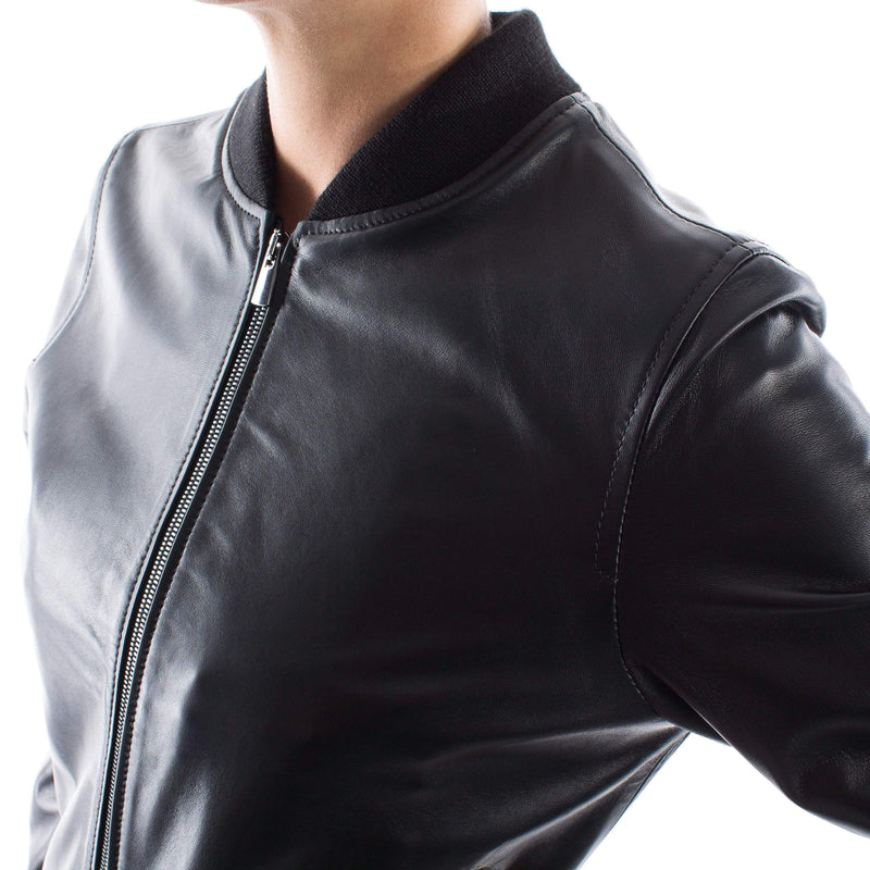 Italian handmade Women soft genuine lambskin leather bomber jacket Black