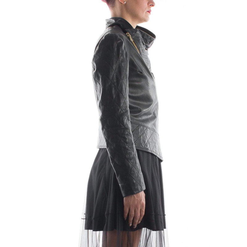 Italian handmade Women genuine soft lambskin leather trendy cropped biker asymmetrical jacket slim fit color black