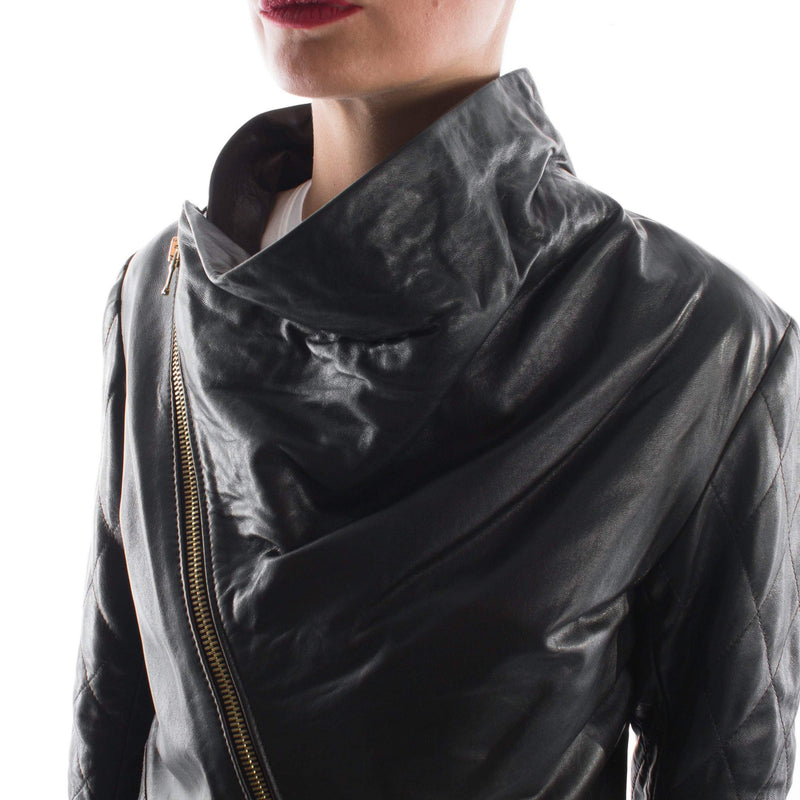 Italian handmade Women genuine soft lambskin leather trendy cropped biker asymmetrical jacket slim fit color black