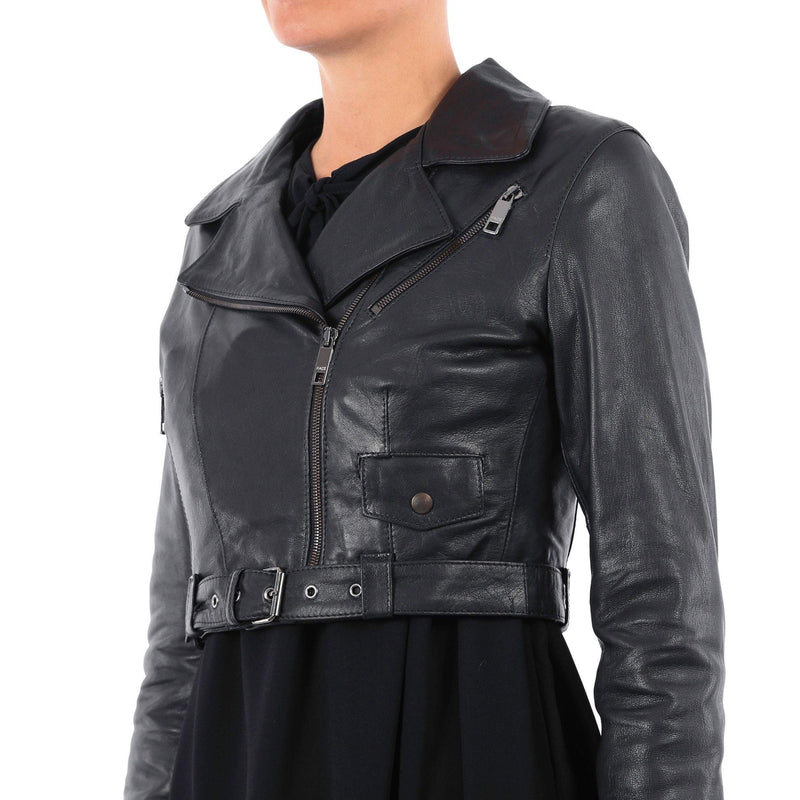 Italian handmade Women genuine leather cropped biker jacket slim fit washed black