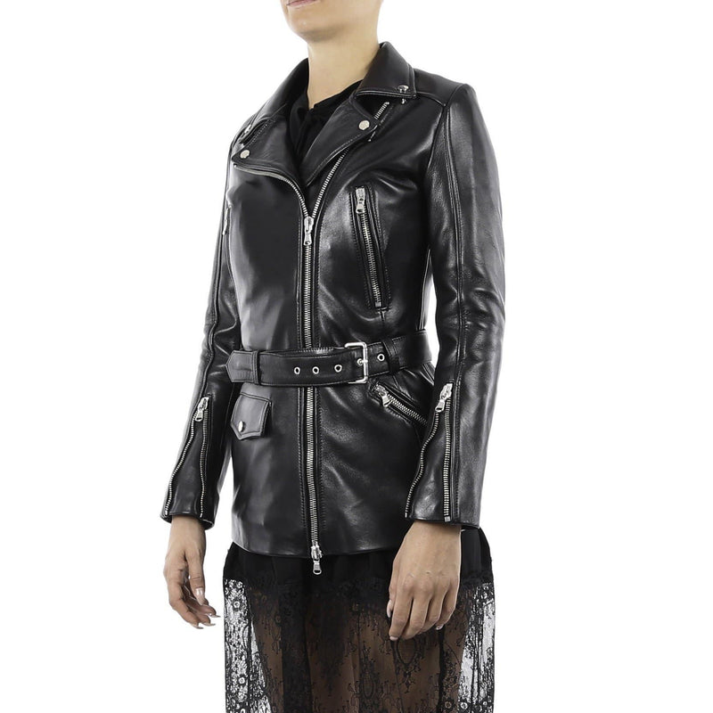 Italian handmade Women genuine leather long biker jacket slim fit black