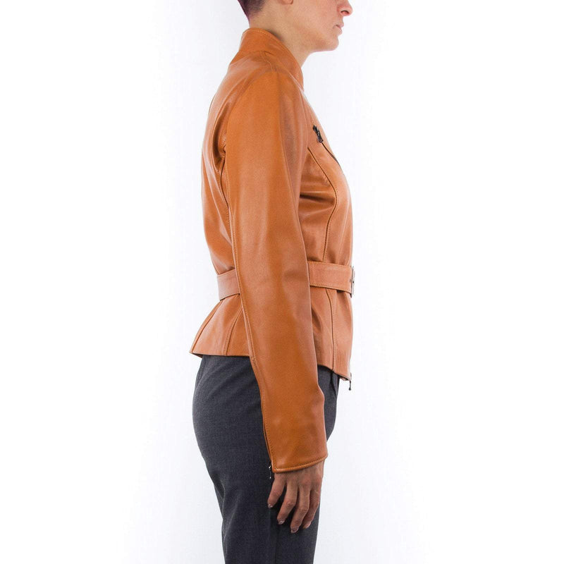 Italian handmade Women genuine soft lambskin leather biker jacket slim fit color Tan