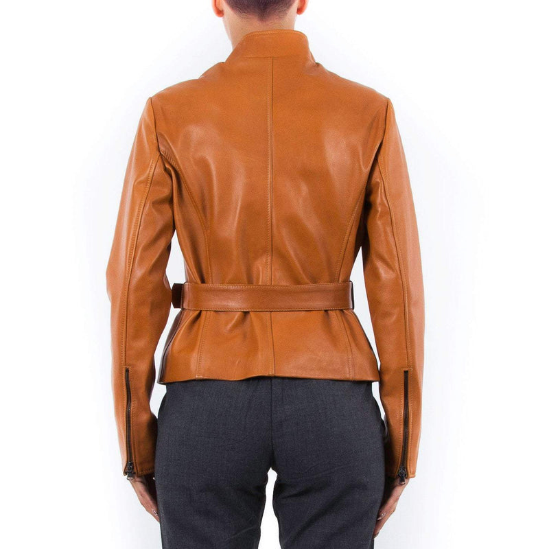 Italian handmade Women genuine soft lambskin leather biker jacket slim fit color Tan