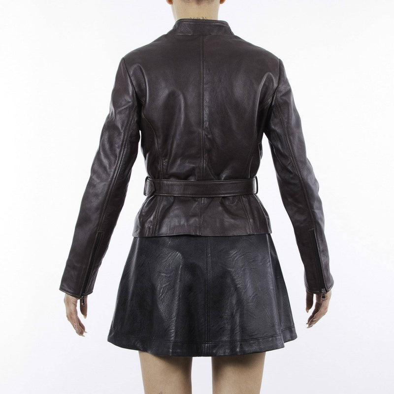Italian handmade Women genuine soft lambskin leather biker jacket slim fit brown distressed
