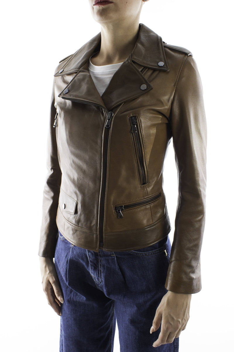 Italian handmade Women genuine leather biker jacket slim fit color brown distressed