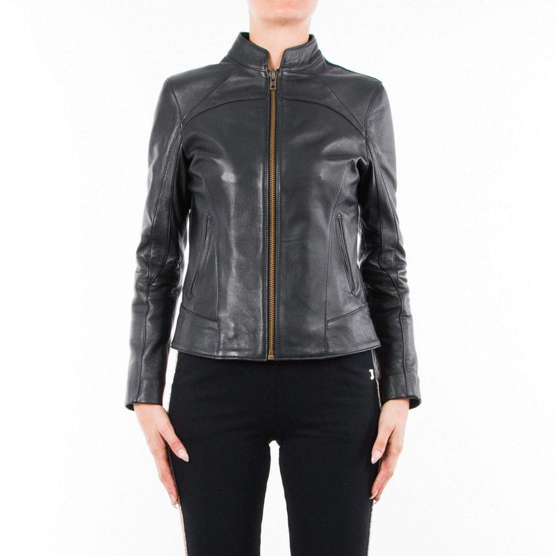 Italian handmade Women soft genuine lambskin leather jacket slim fit color Black brass zipper