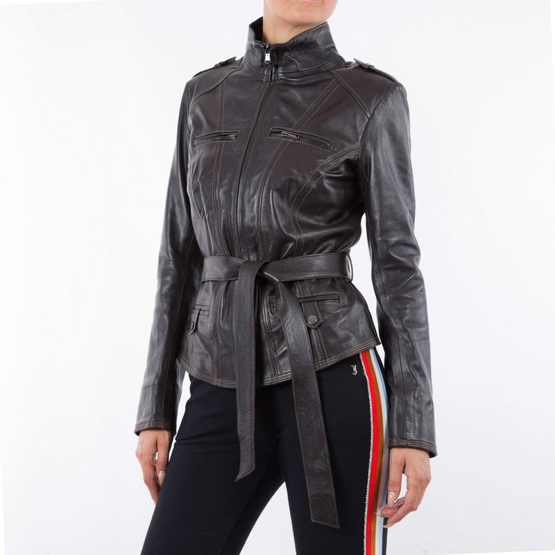 Italian handmade Women genuine soft leather jacket belted slim fit Dark Brown