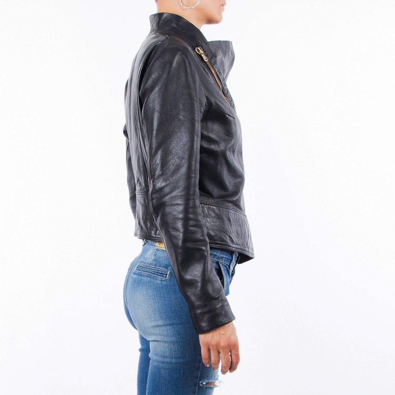 Italian handmade Women genuine soft lambskin leather trendy biker asymmetrical jacket slim fit black