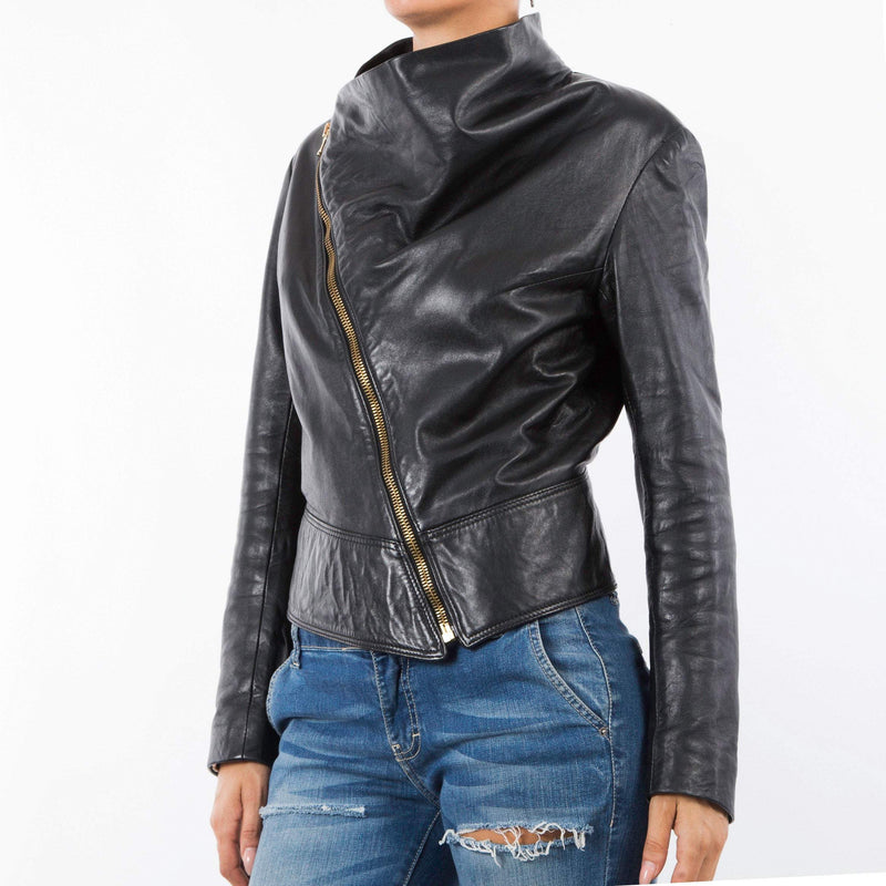 Italian handmade Women genuine soft lambskin leather trendy biker asymmetrical jacket slim fit black