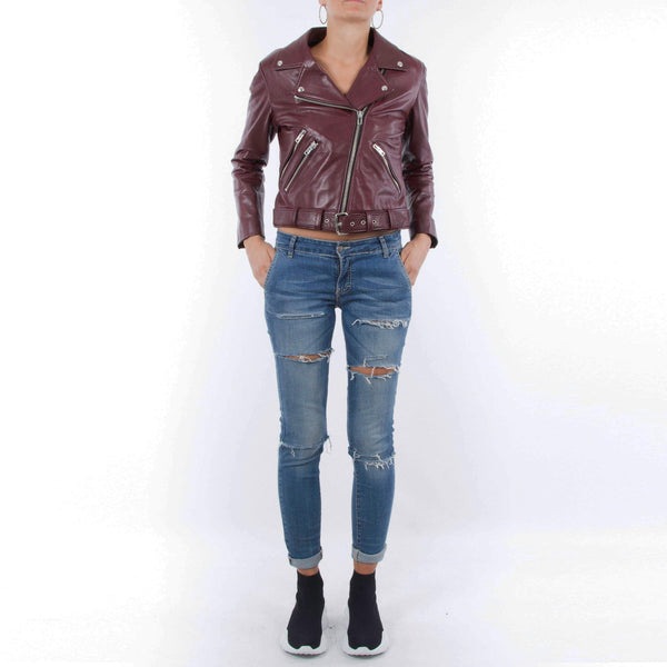 Italian handmade Women genuine leather biker jacket slim fit wine bordeaux