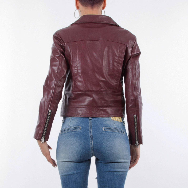 Italian handmade Women genuine leather biker jacket slim fit wine bordeaux