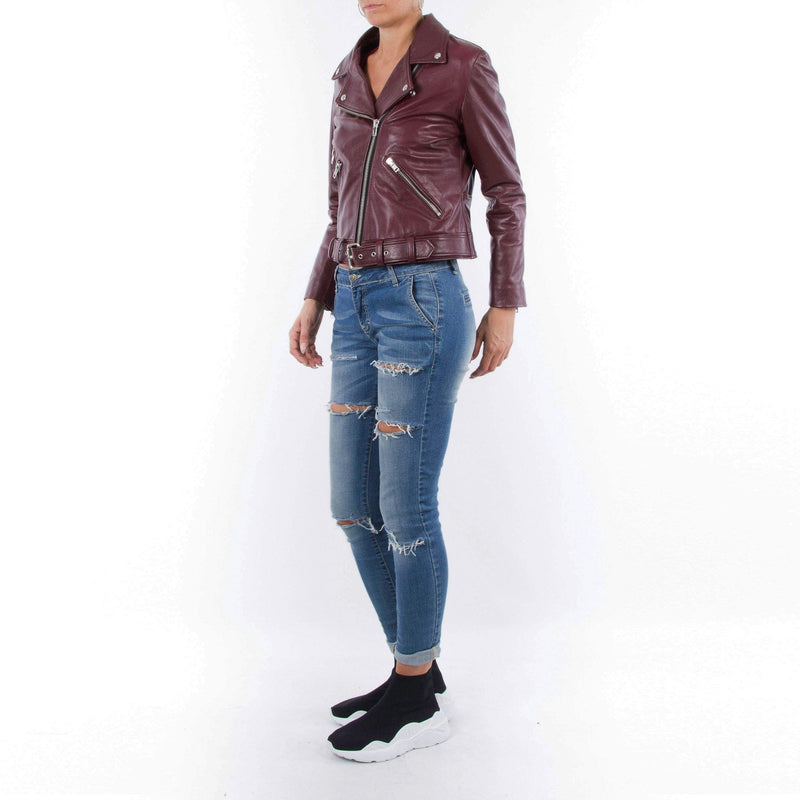 Italian handmade Women genuine leather biker jacket slim fit wine bordeaux