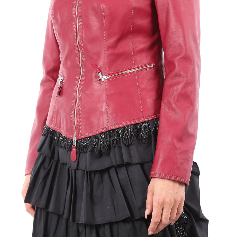 Italian handmade Women soft genuine lambskin leather jacket color Red Wine