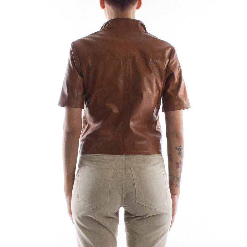 Italian handmade Women genuine calf leather biker jacket slim fit color natural brown