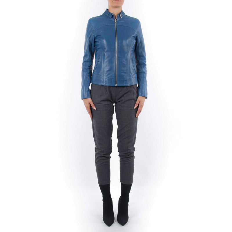 Italian handmade Women genuine soft lambskin leather jacket slim fit blue