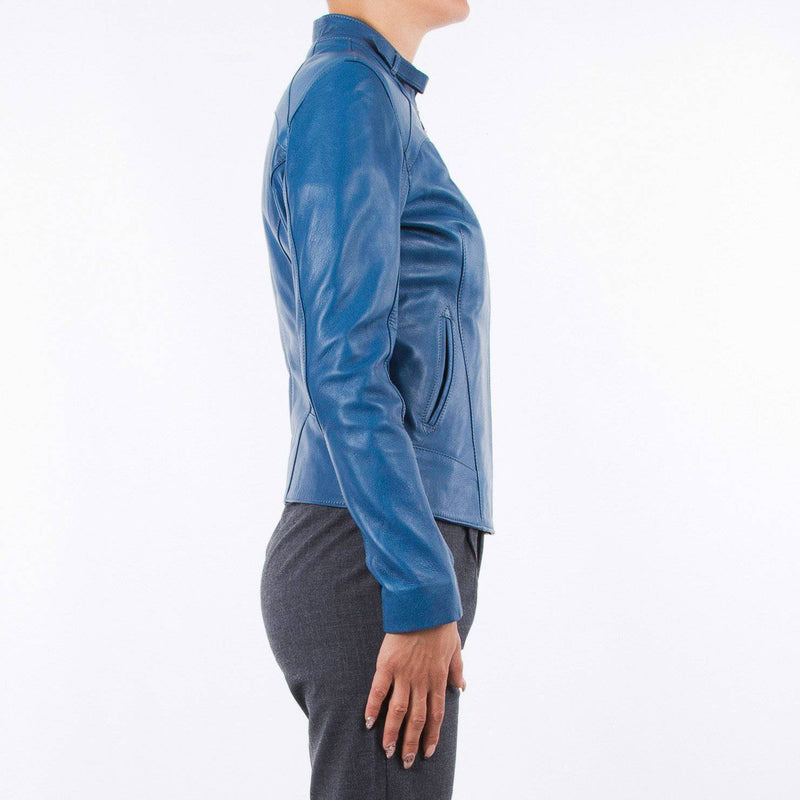 Italian handmade Women genuine soft lambskin leather jacket slim fit blue