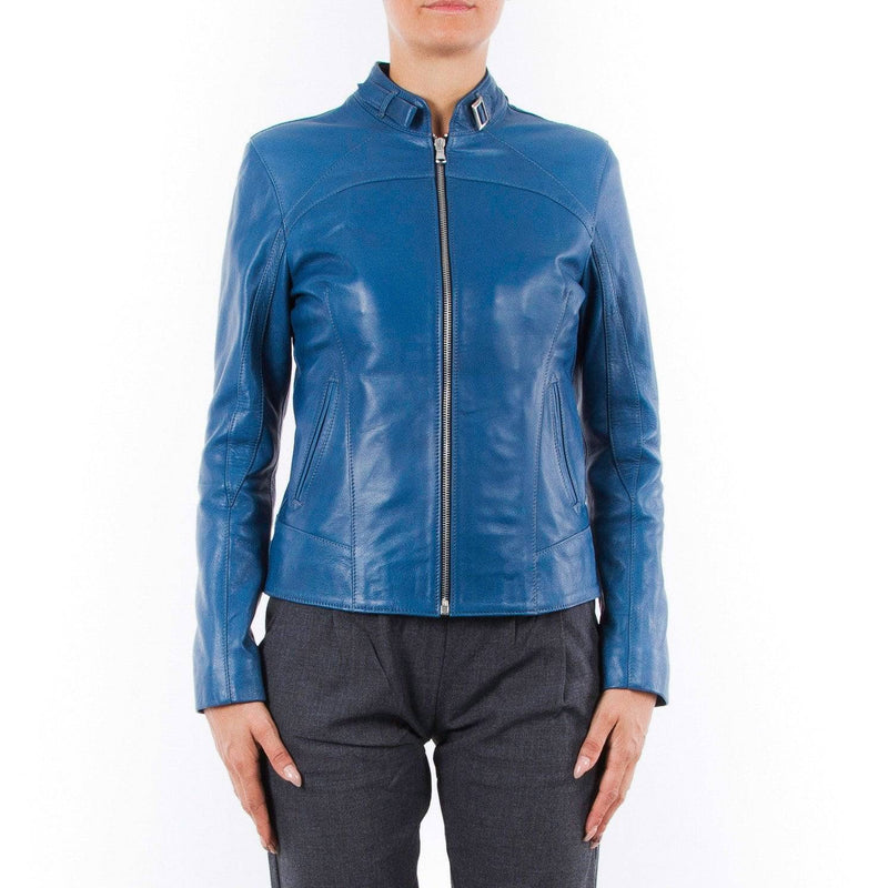 Italian handmade Women genuine soft lambskin leather jacket slim fit blue