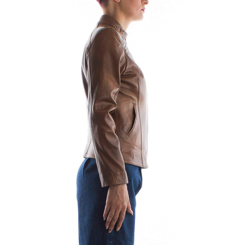 Italian handmade Women genuine lambskin leather jacket slim fit brown distressed