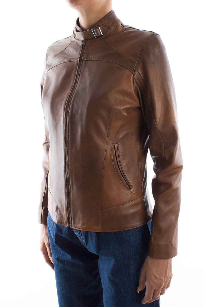 Italian handmade Women genuine lambskin leather jacket slim fit brown distressed