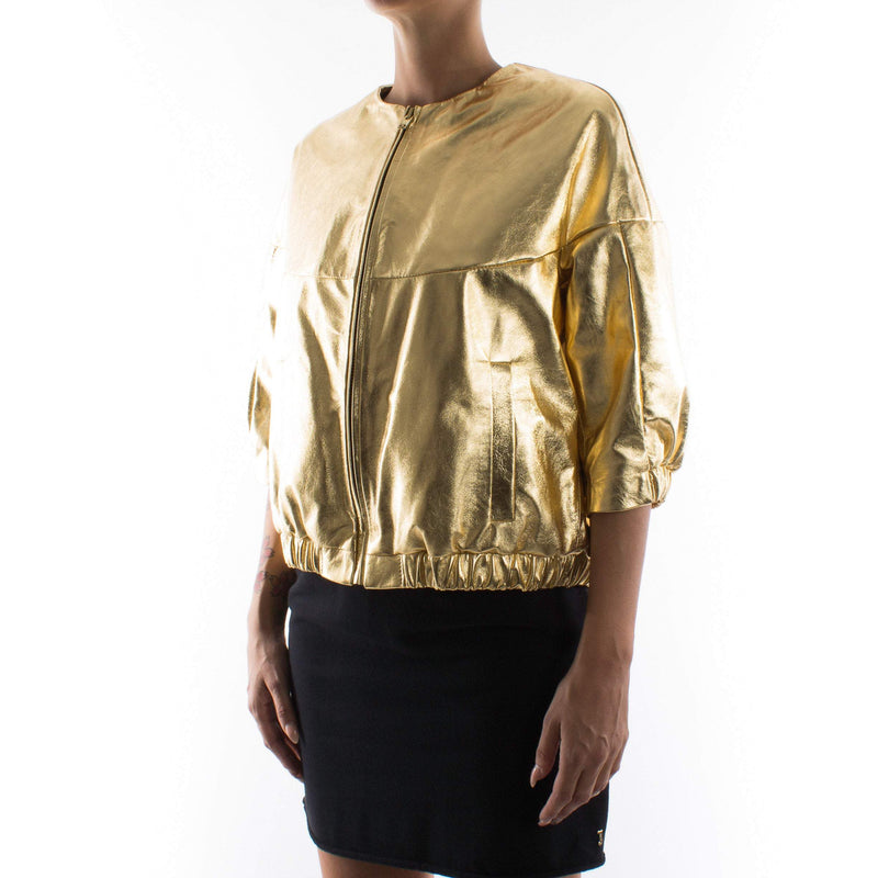 Italian handmade Women genuine lambskin leather bomber jacket loose comfort fit METALLIC GOLD