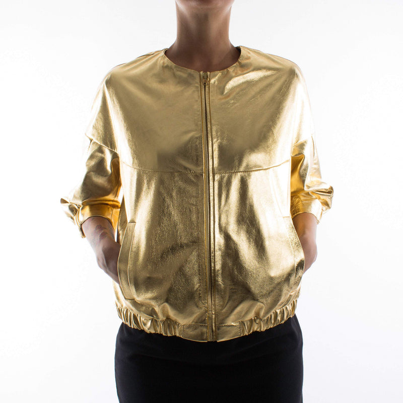 Italian handmade Women genuine lambskin leather bomber jacket loose comfort fit METALLIC GOLD