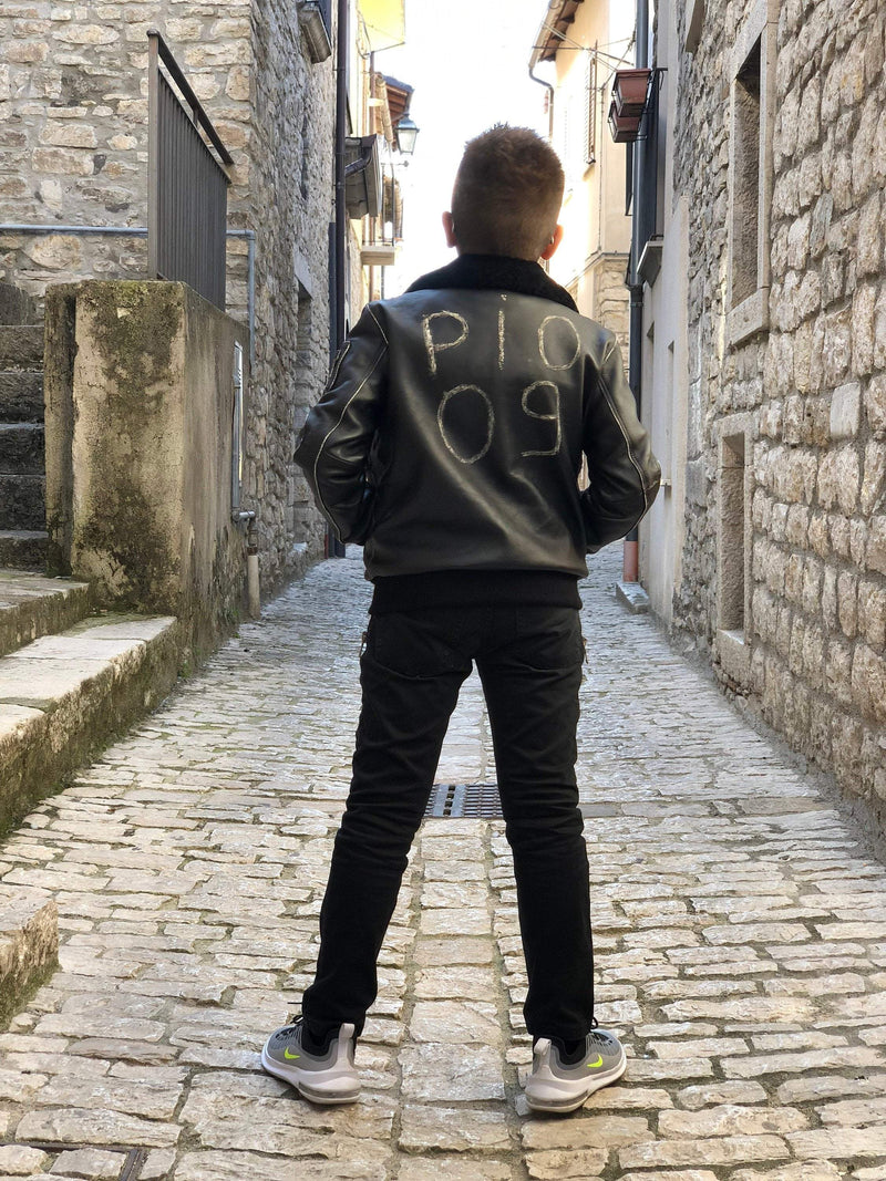 CUSTOMIZED bespoke Italian handmade aviator leather bomber jacket Vintage BLACK sheepskin fur collar kids 7 years to 12 years men S to XXL