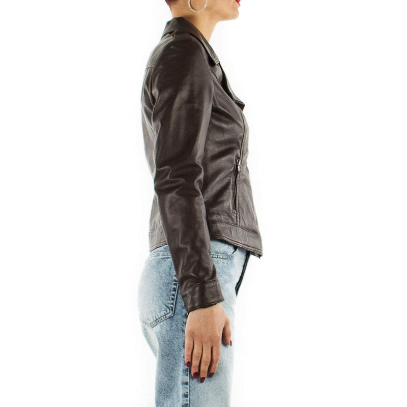 Italian handmade Women genuine soft Lambskin lamb leather biker jacket slim fit Dark Brown