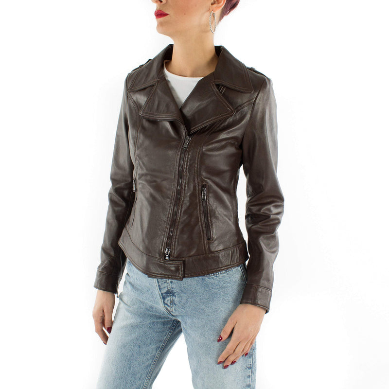 Italian handmade Women genuine soft Lambskin lamb leather biker jacket slim fit Dark Brown