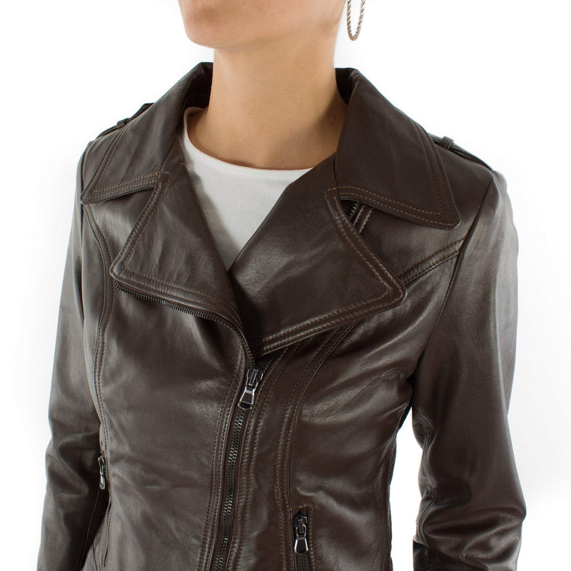 Italian handmade Women genuine soft Lambskin lamb leather biker jacket slim fit Dark Brown