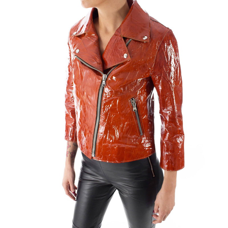 Italian handmade Women soft genuine lambskin lamb leather biker jacket slim fit color Patent Cognac Brown 3/4 sleevs