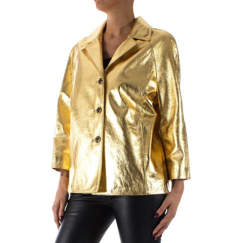 Italian handmade Women genuine lambskin leather jacket color Metallic Gold size M