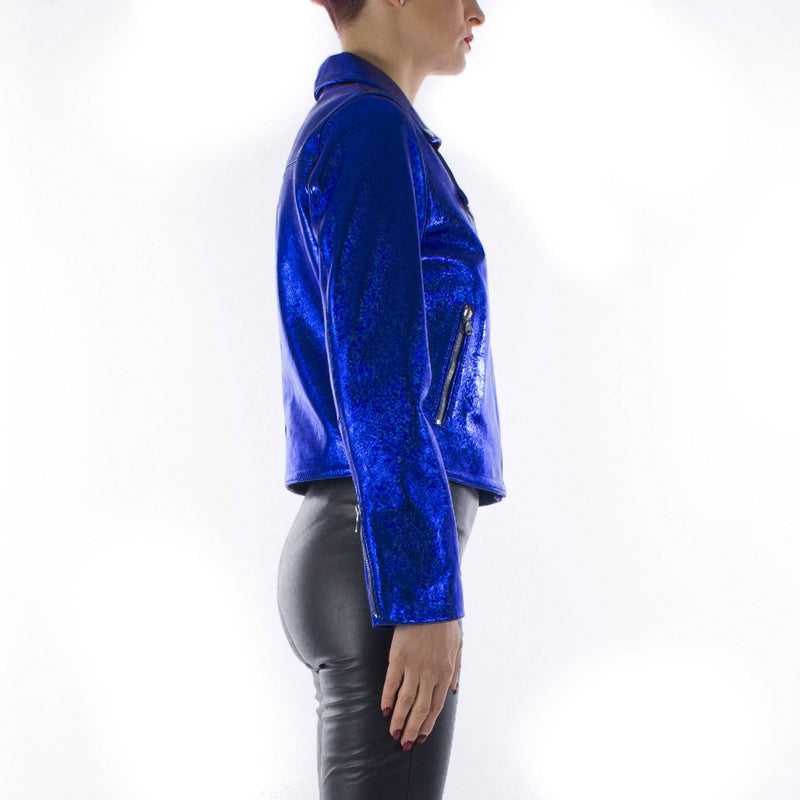 Italian handmade Women genuine lambskin leather biker jacket slim fit Metallic Royal Blue