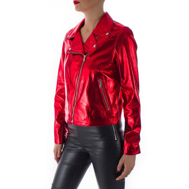 Italian handmade Women genuine lambskin leather biker jacket slim fit Metallic Red